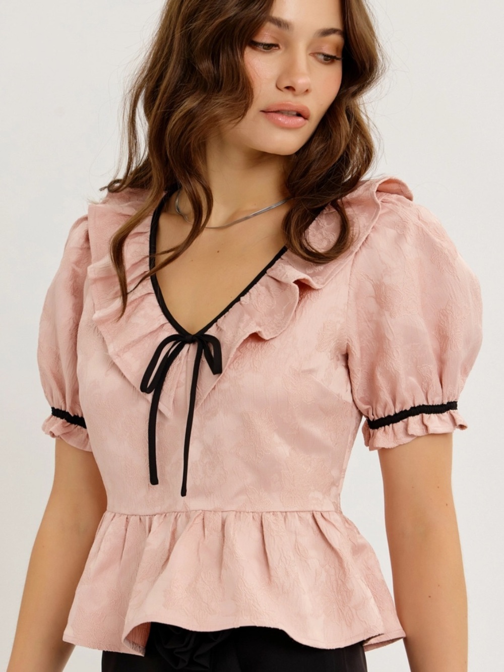 (703) Prairie Chic Textured Jacquard Puff Sleeve Blouse Top - Pink - S - NWT